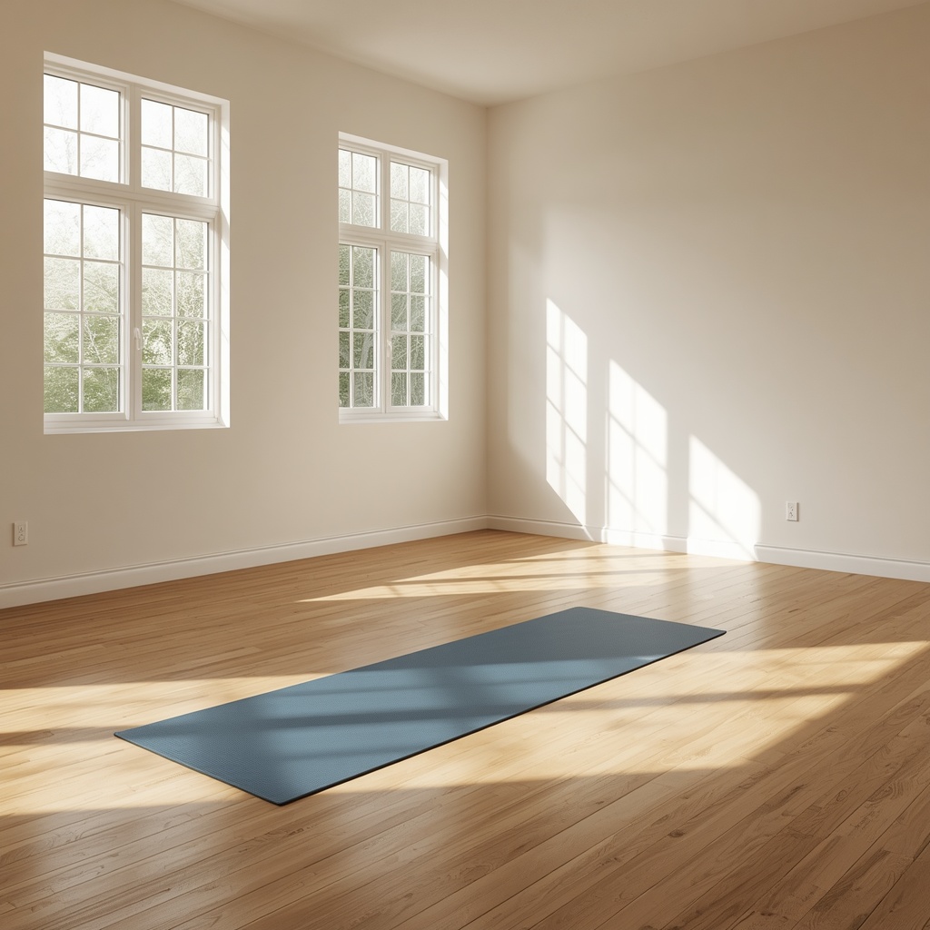 A serene yoga studio with wooden floors, natural light streaming through large windows, and a single yoga mat placed on the floor in a calm empty room